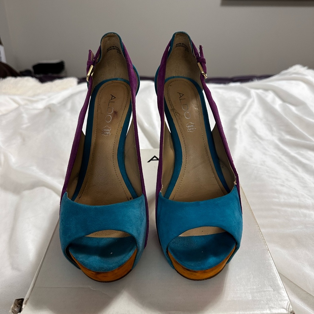 Aldo Teal and Purple High Heels with Orange Accents - Picture 2 of 6